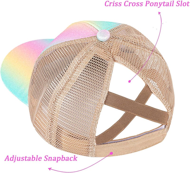 BROMZ Girls Glitter Baseball Cap Kids Ponytail Hat Adjustable Summer Mesh Trucker Hats for 4-12 Years - Image 5